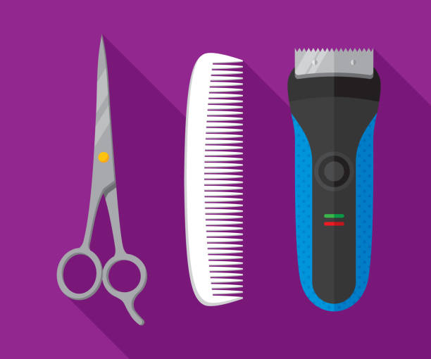 Hair Cutting Supplies Flat Vector illustration of scissors, comb, and electric shaver against a purple background in flat style. stubble stock illustrations