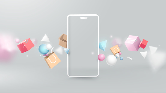 Shopping Online with Realistic Modern Smartphone. Virtual Realistic Geometry, Gifts, Shopping items. Marketing and Digital marketing