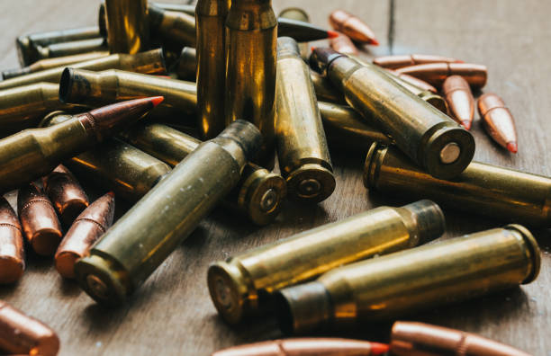 .308 Ammunition with projectiles Flat Lay on board surrounded by powder