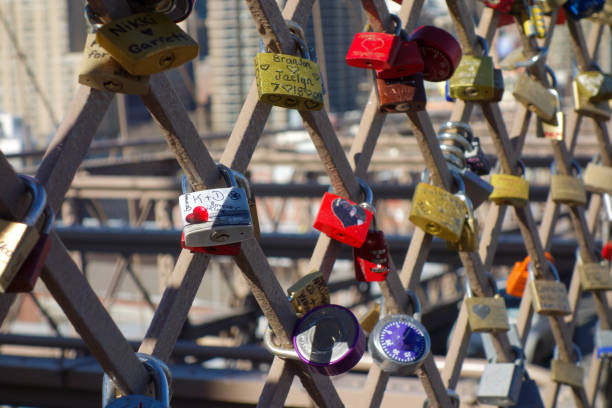New York, United States - February 11th, 2015. Love padlocks locked onto Brooklyn Bridge, New York.