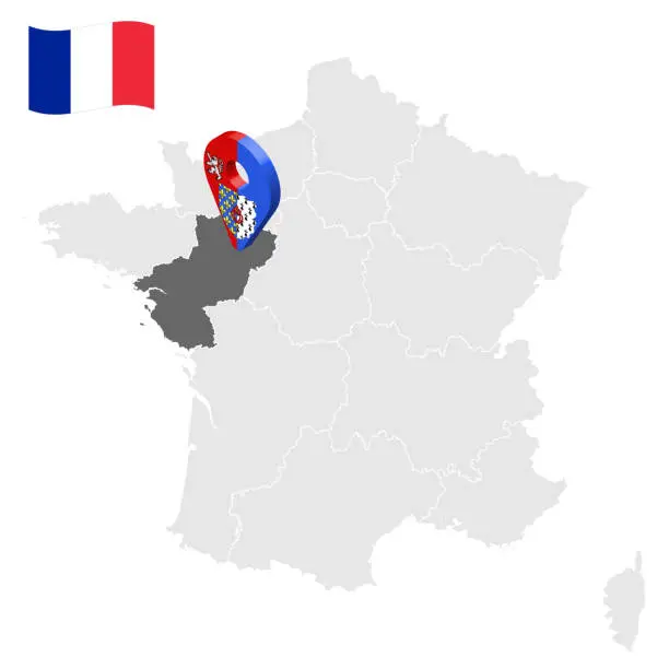 Vector illustration of Location of Pays de la Loire on map France. 3d location sign similar to the flag of Pays de la Loire. Quality map  with regions of  French Republic for your design. EPS10.