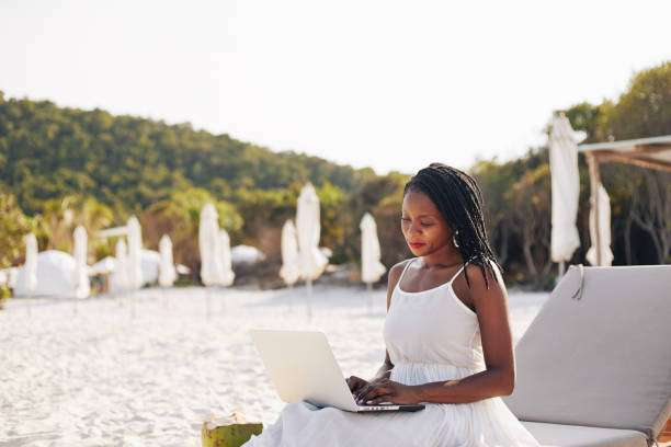 istock Woman working on tropical island 1247604966