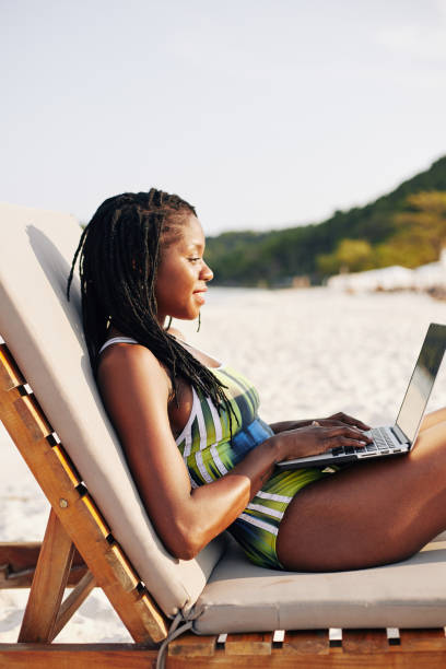 istock Woman resting on beach and working on laptop 1247605487