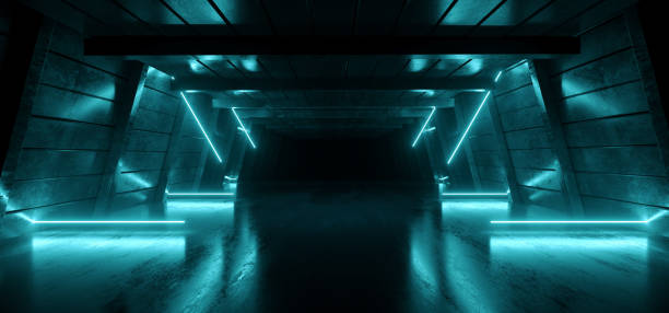 istock Neon Glowing Sci Fi  Glowing Alien Blue Futuristic Laser Beams Bouncing On Dark Grunge Concrete Tiled Floor Night Stage Studio Garage Warehouse Cyber Background 3D Rendering 1247633922
