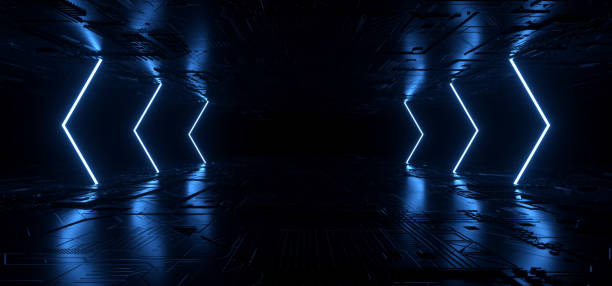 istock Neon Lights Glowing Line Beams Lasers Podium Showcase Blue Metal Concrete Underground Sci Fi Futuristic Cyber Synth Dance Club Spaceship Dark Night Background 3D Rendering 1247634055