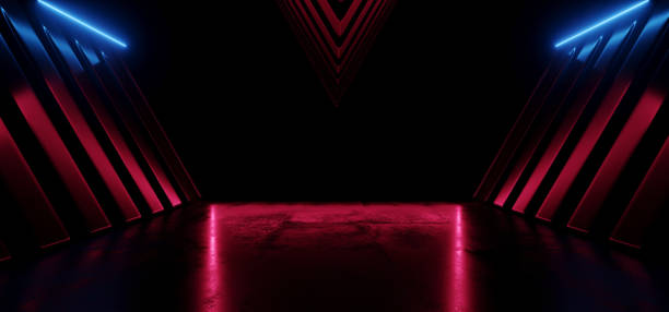 istock Neon Laser Sci Fi Futuristic Alien Spaceship Metal Reflective Corridor Tunnel Rectangle Frame Glowing Red Blue Cyber Synth Warehouse Garage Underground Vibrant Background 3D Rendering 1247634572
