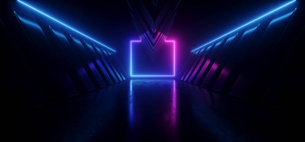 istock Neon Laser Sci Fi Futuristic Alien Spaceship Metal Reflective Corridor Tunnel Rectangle Frame Glowing Purple Blue Cyber Synth Warehouse Garage Underground Vibrant Background 3D Rendering 1247634591