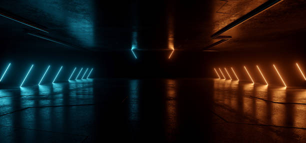 istock Neon Glowing Sci Fi  Glowing Alien Blue Orange Futuristic Laser Beams Bouncing On Dark Grunge Concrete Tiled Floor Night Stage Studio Garage Warehouse Cyber Background 3D Rendering 1247634597
