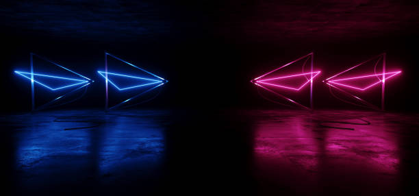 istock Cyber Neon Sci Fi Futuristic Pyramid Shape Cables Angular Arrows Glowing Purple Concrete Reflective Grunge Floor Dark Night Cyberpunk Synth Virtual Reality Lasers 3D Rendering 1247634602