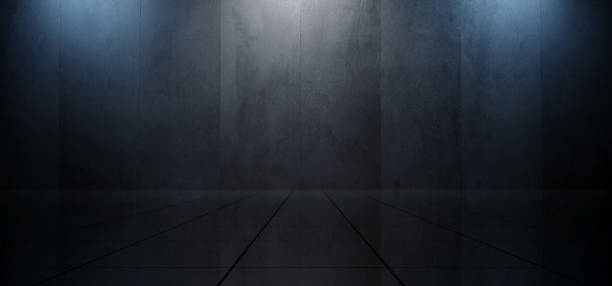 istock Empty Plane Grunge Concrete Wall Spotlights Stage Podium Reflective Tiled Floor Glossy Showroom Blue White Colors Elegant Ambient Background 3D Rendering 1247634634