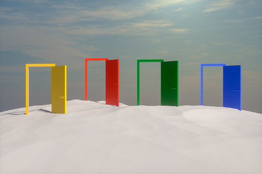 3d rendering of the doors. Decisions and choices concept. Blue sky. Minimal design.