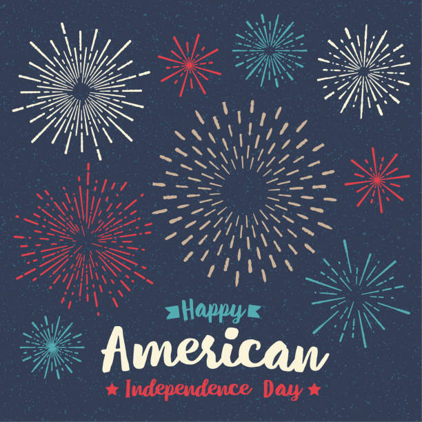 Fireworks Fourth of July Holiday Greeting Card "Fourth of July Holiday" greeting card with graphic fireworks on dark background. American Independence Day greeting card. independence day holiday illustrations stock illustrations