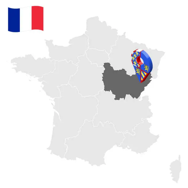 Vector illustration of Location of Burgundy - Franche-Comte on map France. 3d location sign similar to the flag of Burgundy - Franche-Comte. Quality map  with regions of  French Republic for your design. EPS10.