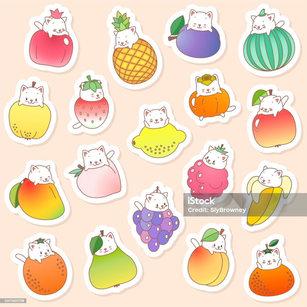 Set Of Kawaii Stickers Stock Illustration - Download Image Now - Animal,  Apple - Fruit, Art - iStock