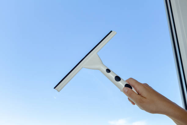 Window washing and home cleaning. A young woman sprays a detergent on a glass. Housework concept.