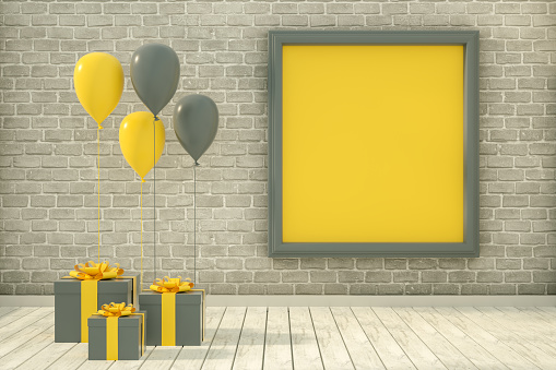 3D Rendering of Shiny balloons, gift boxes, empty frame and brick wall. Christmas, greeting card, valentine’s day, party, birthday concept.