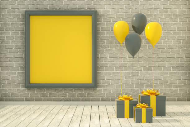 istock Balloons and Gift Boxes with Empty Frame in Room. Christmas, Valentine's day, Birthday concept. 1247651016