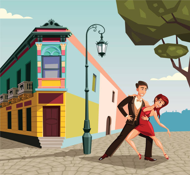 ilustraciones, imágenes clip art, dibujos animados e iconos de stock de pareja bailando tango en buenos aires la boca street ilustración - cobblestone