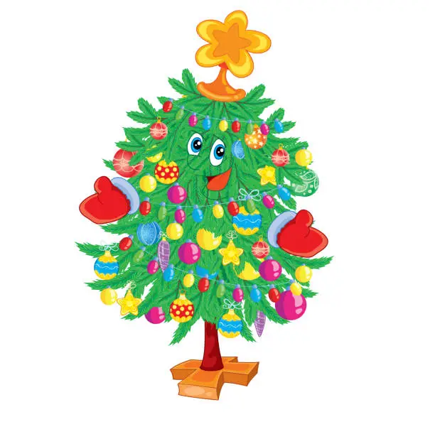 Vector illustration of merry cute christmas tree decorated with balls and garlands, with a star on the top and red mittens, isolated object on a white background, vector illustration,