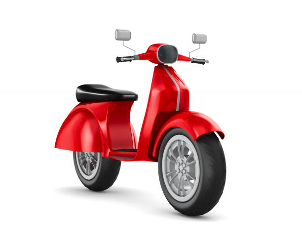 scooter rosso su sfondo bianco. illustrazione 3d isolata - wheel cycling nobody outdoors foto e immagini stock