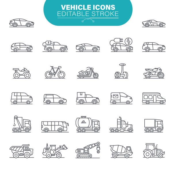 ikony pojazdów. zestaw zawiera symbol jako transport, samochód, pick-up truck, inteligentne samochody, samochody autonomiczne, ilustracja - electric motor obrazy stock illustrations