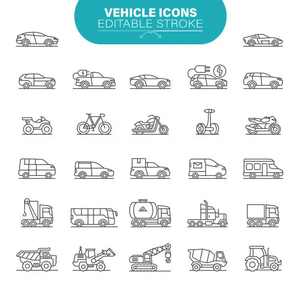 Vector illustration of Vehicle Icons. Set contains symbol as Transportation, Car, Pick-up Truck, Smart Cars, Autonomous Cars, Illustration