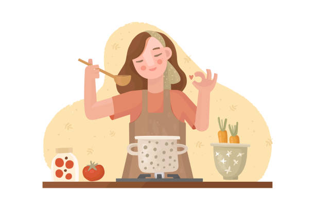 illustrazioni stock, clip art, cartoni animati e icone di tendenza di ragazza di cucina - cooking