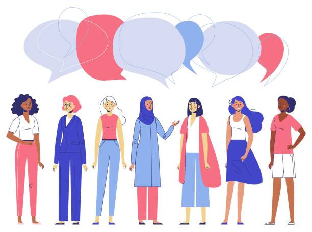 Group of women. Different female characters of diverse ethnicity standing together. Happy young girls friends and speech bubbles. Flat illustration isolated on white background. speech illustrations stock illustrations