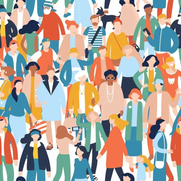 Vector illustration of Seamless pattern. Modern multicultural society concept with crowd of people