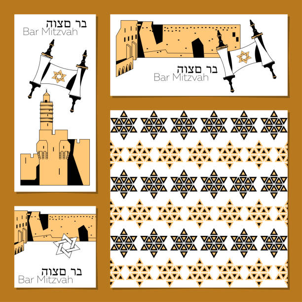 ilustrações de stock, clip art, desenhos animados e ícones de set of bar mitzvah invitation cards with torah scroll and sights of jerusalem (western wall, tower of david). template. - jerusalem stone illustrations