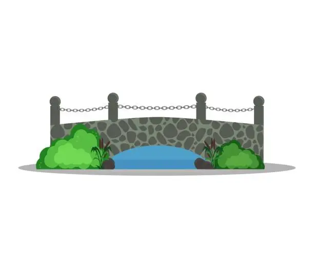 Vector illustration of ancient stone bridge with chain and reeds