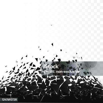 istock Abstract cloud of pieces and fragments after explosion. Demolition black surface. Shatter and destruction effect. Vector illustration isolated on transparent 1247692728