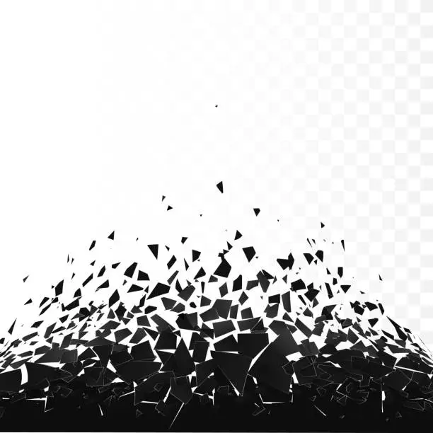 Vector illustration of Abstract cloud of pieces and fragments after explosion. Demolition black surface. Shatter and destruction effect. Vector illustration isolated on transparent