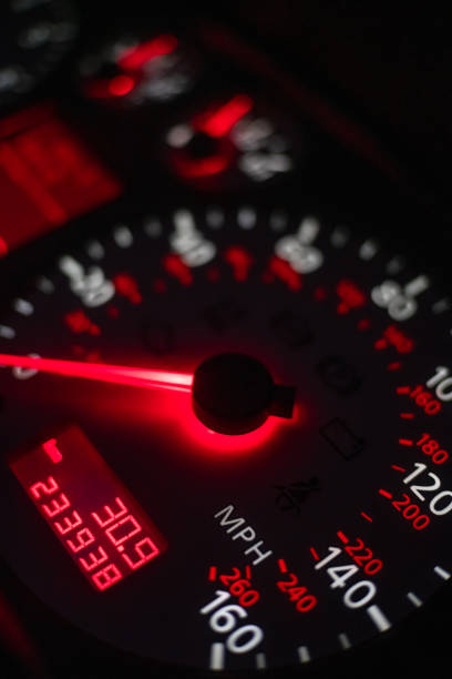 istock car dashboard. Speedometer with red backlight at night close up. Vertical photo 1247693951