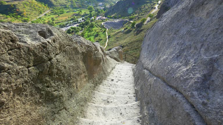 View on valley and ancient town Vardzia carved in rock, Georgia