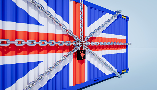 3d rendering of UK trade coronavirus lockdown concept design and cargo container.