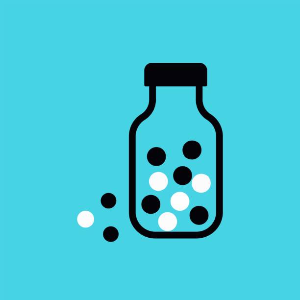 Medical pill bottle stock illustration Drugstore. Medicine bottle and pills. Medicament. Black and white icon. Vector illustration pill organizer stock illustrations