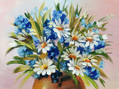 realistic oil painting bouquet of daisies and forget-me-not