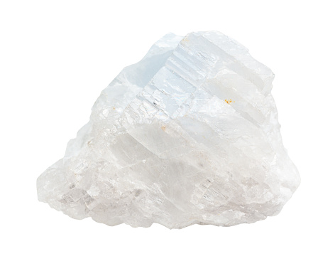 closeup of sample of natural mineral from geological collection - crystalline white blue Magnesite rock isolated on white background