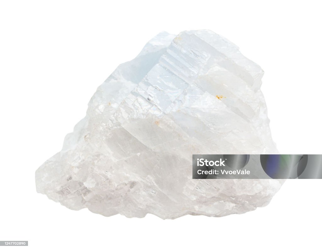 crystalline white blue Magnesite rock isolated closeup of sample of natural mineral from geological collection - crystalline white blue Magnesite rock isolated on white background Magnesium Stock Photo