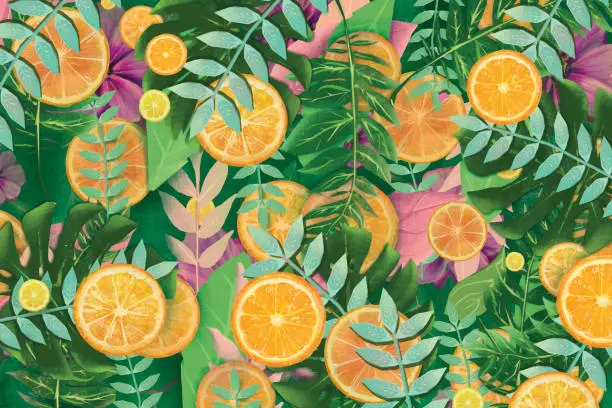 Vector illustration of Summer fruit background. Oranges and lemons