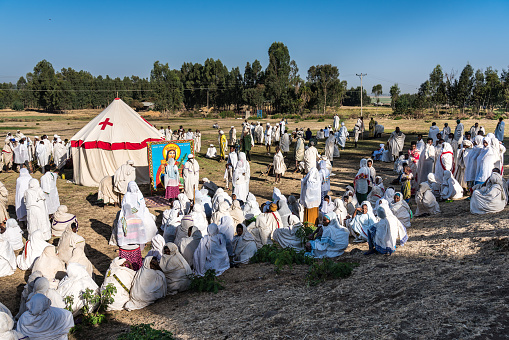 Gondar, Ethiopia - Feb 06, 2020: Ethiopian people at a mass at the surrounding area of Gondar in Ethiopia, Africa
