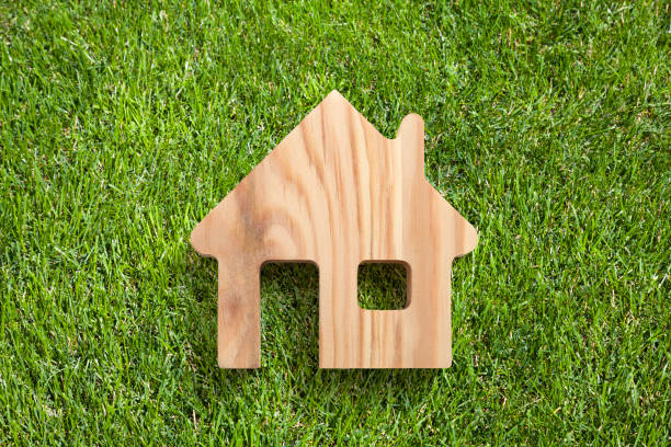 istock Wooden house shape on green grass 1247711630