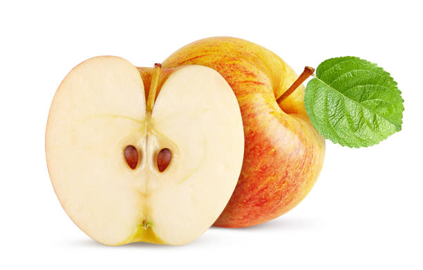 istock Gala apple with green leaf isolated on white background 1247720335