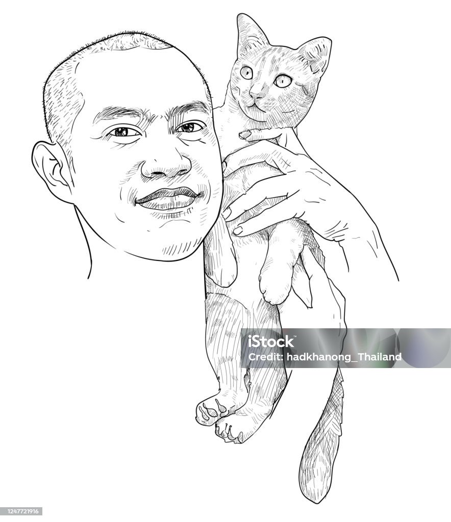 Vẽ Chân Dung Hài Hước Của Một Người Đàn Ông Châu Á Mang Con Mèo Dễ ...