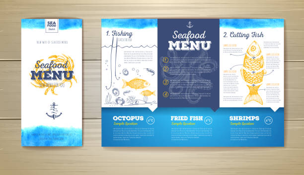 ilustraciones, imágenes clip art, dibujos animados e iconos de stock de diseño del menú de mariscos de acuarela. identidad corporativa. plantilla de documento - shrimp cocktail
