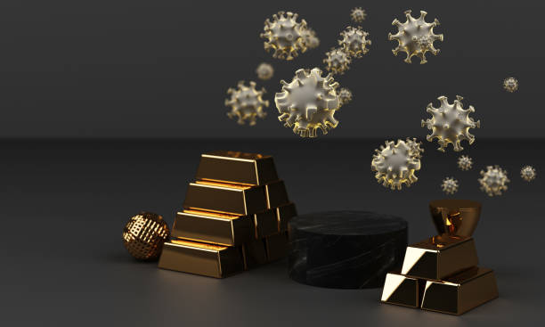 istock Gold bar and coin with corona virus COVID-19 3d rendering 1247725409