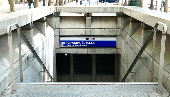06 June. 2020. Entrance leading to the underground of an ecological public transport on the Avenue des Champs Elysees.