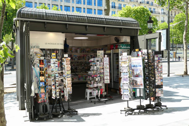 Paris, France. Typical Parisian newsstand. 06 June 2020. Tourist district of the Champs Elysees. news stand stock pictures, royalty-free photos & images