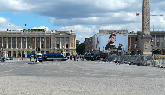 06 June 2020. Vehicles of the gendarmerie parked for the surveillance of tourist sites. Riot police group and demonstration near historic monuments.